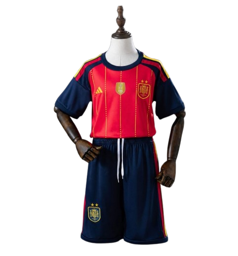 T-shirt e Pantaloncini Bambino Spagna Home 26/27 - Due volte Campione del Mondo ⭐⭐ - Con Patch